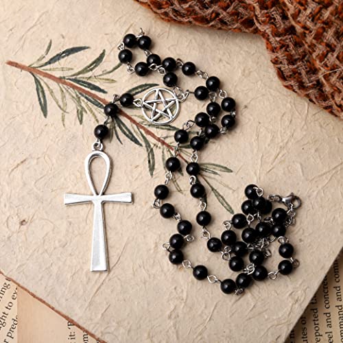 Sacina Gothic Ankh Cross Pentagram Necklace, Bead Chain Rosary Cross Necklace, Goth Jewelry Gift for Women, Men4