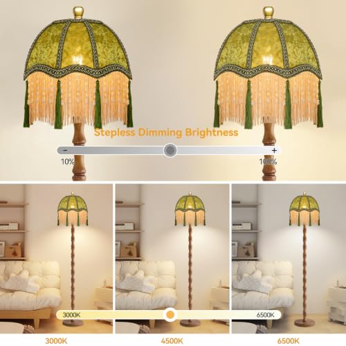 Image of ZECOXOL Wood Floor Lamps for Living Room Boho Rustic Floor Lamp with Remote Control,Dimmable Vintage Floor Lamp Green Mid Century Modern Standing Lamp Pole Tall Fringe Floor Lamp for Bedroom Corner