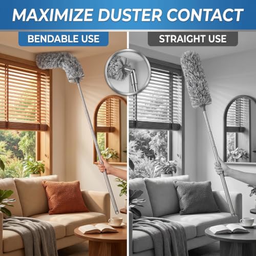 Image of Extendable Microfiber Duster for Ceiling Fans, 100 inch Long Telescoping Duster with Bendable Head, Cobweb Duster Cleaning Tool with Extension Pole for High Ceiling, Blinds, Furniture, Cars