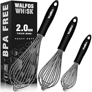 Walfos Silicone Whisk, Stainless Steel Wire Whisk Set of 3 -Heat Resistant Kitchen Whisks for Non-stick Cookware, Balloon Egg Beater Perfect for Blending, Whisking, Beating, Frothing & Stirring, Black