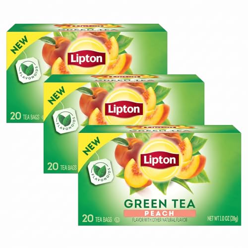Lipton Green Tea Bags, Peach | 20 Tea Bags | Pack of 3 | With Caffeine | With Flavonoids
