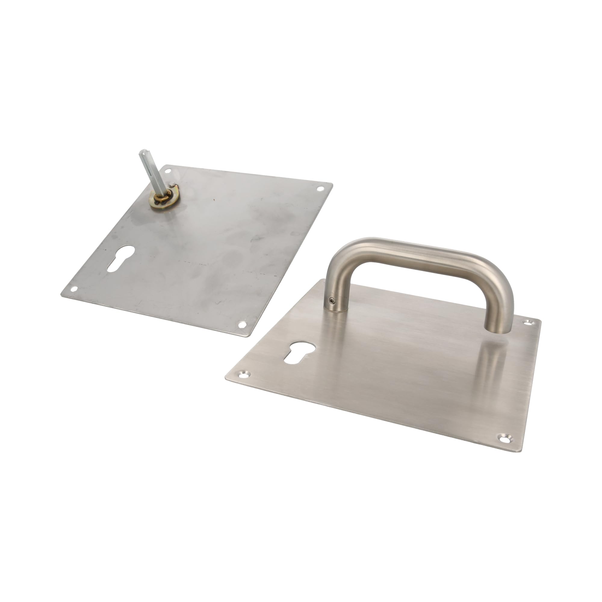 Amig - Jeu de poignées avec plaque pour porte | Poignée avec serrure à clé à 70 mm | Mod. 3CB70 | Acier inoxydable 18/8 | 180 x 180 mm | Carré de 8 mm | Argenté mat