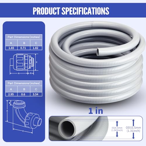 AISIMEE Liquid Tight Conduit 1inch 50FT,Flexible Non-Metallic Liquid Tight Flex Electrical Conduit and Connector Kit with 5 Straight and 3 90-Degree Conduit Connector Fittings
