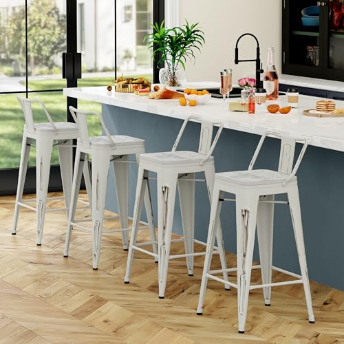 Image of Yongchuang 26 inch Industrial Metal Barstools Set of 4 Counter Height Bar Stools with Back (Wood Top Low Back, Distressed White)