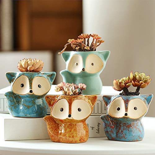 LinaLife3.3 Inch Fox Succulent Plants Pots with Bamboo Tray Office Decor,Plant Pots Set of 4 Ceramic Succulent Pots, Fox Shaped Flowerpot, Colorful Bonsai Planter Container