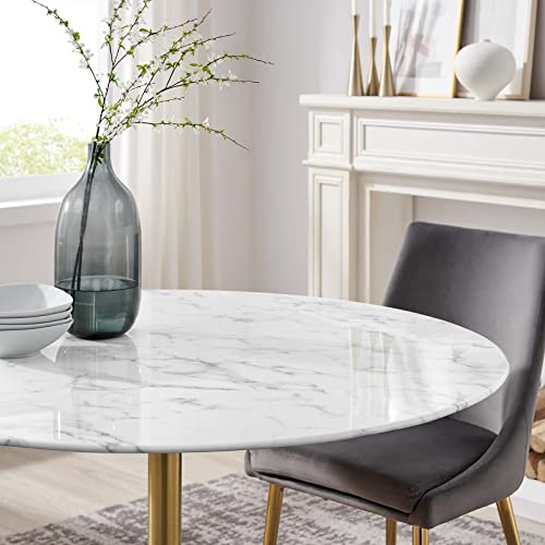 Image of Modway Lippa 47 inch Mid-Century Dining Table with Round Artificial Marble Top in Gold White