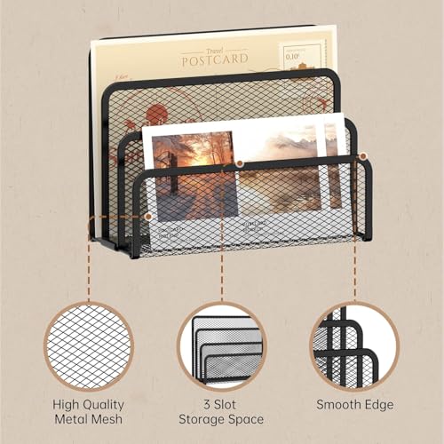 SUPTIDY Post-Organizer für den Schreibtisch, Posthalter aus Metallgeflecht für die Arbeitsplatte mit 3 Fächern, Briefsortierer-Aktenhalter, Büro-Umschlag-Organizer für Post (Schwarz)