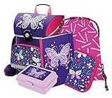 Schulranzen Mädchen Set 5 Teilig - Schultasche ab 1. Klasse - Grundschule Ranzen mit Brustgurt - Ergonomischer Schulrucksack (Schmetterling)