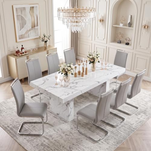 gopop Dining Table Set for 8, 79" White Marble Dining Table with PU Chairs