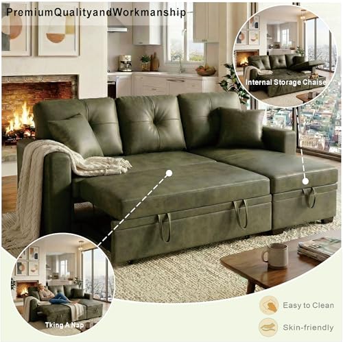 Image of KEIKI 71 inch Sectional Sleeper L Shaped Sofa with Pull Out Bed, Sleeper Sofa with Reversible Chaise, 3 Seater Modular Sectional Sofa with Storage for Living Room, Olive Green