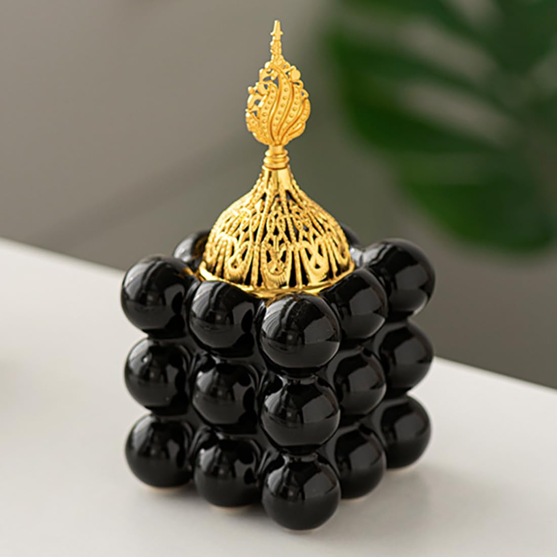Ceramic Cube Golden Incense Burner Handheld Eid Middle East Arabian Festival Holder Home Decoration Ornament Aromatherapy Furnace (White)