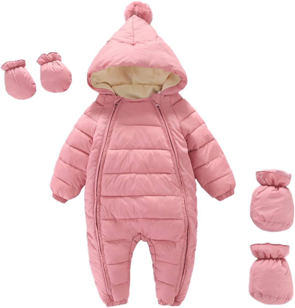 Baby Toddler Girls Boys One Piece Zipper Hooded Soild Down Jacket Jumpsuit Romper Snowsuit Gloves+Shoes