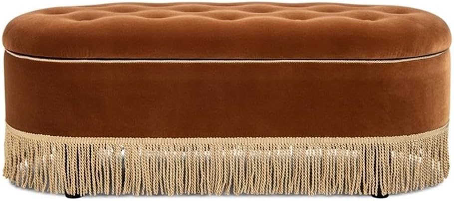 Pemberly Row 48.5" Oval Tufted Storage Bench, Burnt Orange Velvet Upholstery, Bullion Fringe, Flip-Top Hidden Storage, Kiln-Dried Birchwood, Vintage Accent Seating for Bedroom or Living Room Decor