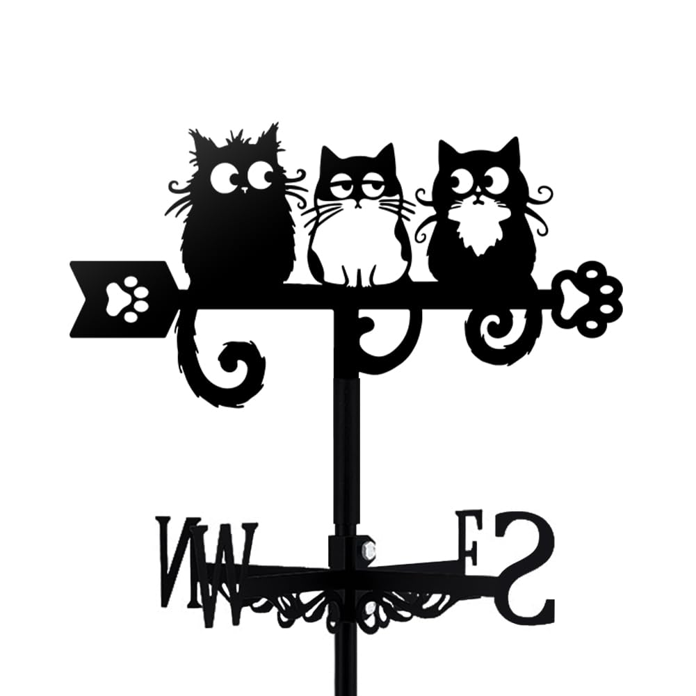 TNKBREEZE Cat Weather Vane Black Metal Wind Vanes Iron Animal Wind Direction Indicator for Garden Farmhouse Chicken Coop Shed Outdoor Wind Measuring Tool Weathervanes (Three Cartoon Cats)