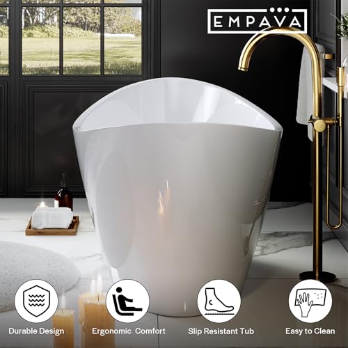Empava Freestanding Bathtub, Acrylic Soaking Tub with Brushed Nickel Drain & Overflow – Modern Standalone Shower Tub, Non-Slip Flat Bottom Design, Glossy White, 59 Inch,cUPC Certified by Empava - Image 2