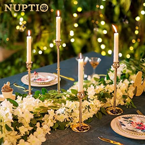 Nuptio Gold Candle Holders for Candlesticks - Set of 4 Brass Candlestick Holders for Taper Candles Table Dinner Elegant Candle Stick Stands for Wedding Party Anniversary Dinning Mantel Decorations