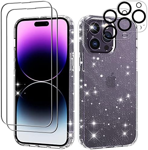 Gimane Glitter for iPhone 14 Pro Case, 2 Pack [Tempered Glass Screen Protector + Camera Lens Protector], Cute Clear Sparkle Shockproof Protective Phone Case Cover for Women Girls-Clear Glitter