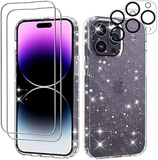 Gimane Glitter for iPhone 14 Pro Case, 2 Pack [Tempered Glass Screen Protector + Camera Lens Protector], Cute Clear Sparkle Shockproof Protective Phone Case Cover for Women Girls-Clear Glitter