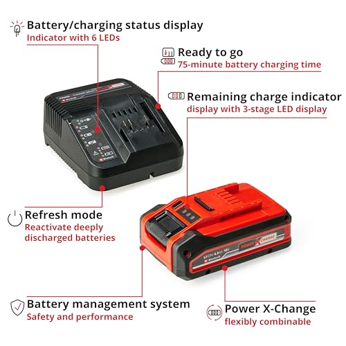Oryginalny zestaw startowy Einhell 4 Ah PLUS Power X-Change (1 x akumulator 18 V 4 Ah Plus, 1 x ładowarka 3 A, czas ładowania 75 min, pasuje do wszystkich urządzeń Power X-Change)