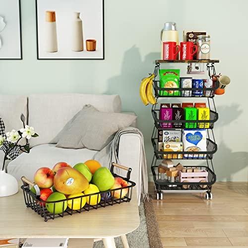 Fruit Basket For Kitchen 5 Tier, Stackable Fruit Vegetable Storage Basket With Wood Top Wheels, Wire Basket Utility Cart Rack, Vegetable Basket Bins For Onions Potatoes, With 1 Free Basket 4 Hangers #TOP6