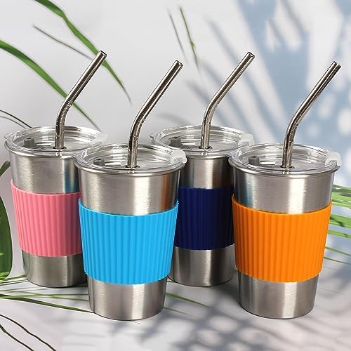 Trusmuu Cups with Lids and Straws, 500ml 4 Pack Reusable Leakproof Stainless Steel Cups, BPA Free Unbreakable Metal Coffee/Beer/Smoothie Camping Cup (4 Colour)