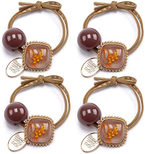 Womens Girls 4 Pack Colorful Acrylic Pom Pom Balls Elastic Hair Ties Rings Ponytail Holder Hair Accessories (Brown)