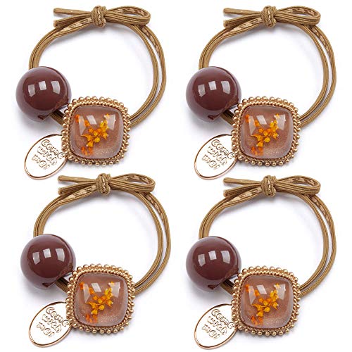 Womens Girls 4 Pack Colorful Acrylic Pom Pom Balls Elastic Hair Ties Rings Ponytail Holder Hair Accessories (Brown) #TOP2