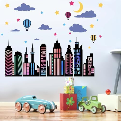 arranged cityscape decals on a bedroom wall