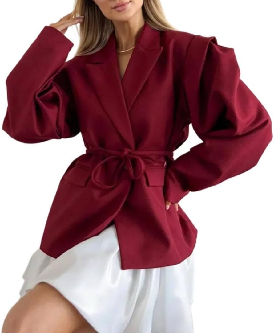: Women's Lace Up Shoulder Pad Blazer Coat, Elegant Turn-down Collar Slim Fit Coat with Pockets, Chic Long Sleeve Outerwear