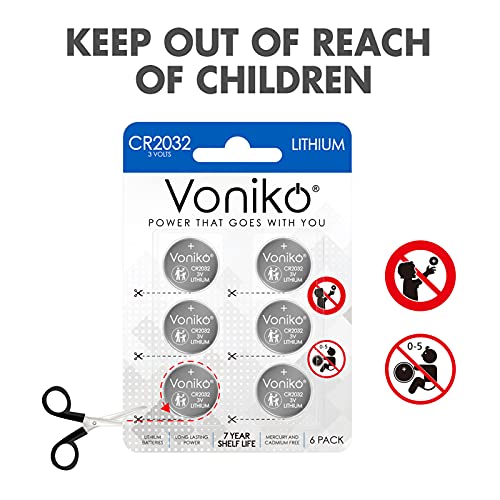 Voniko 3 Volt Cr2032 Battery 6 Pack – Lithium Batteries – 2032 Button Battery Flat – 7 Years Shelf Life #TOP3