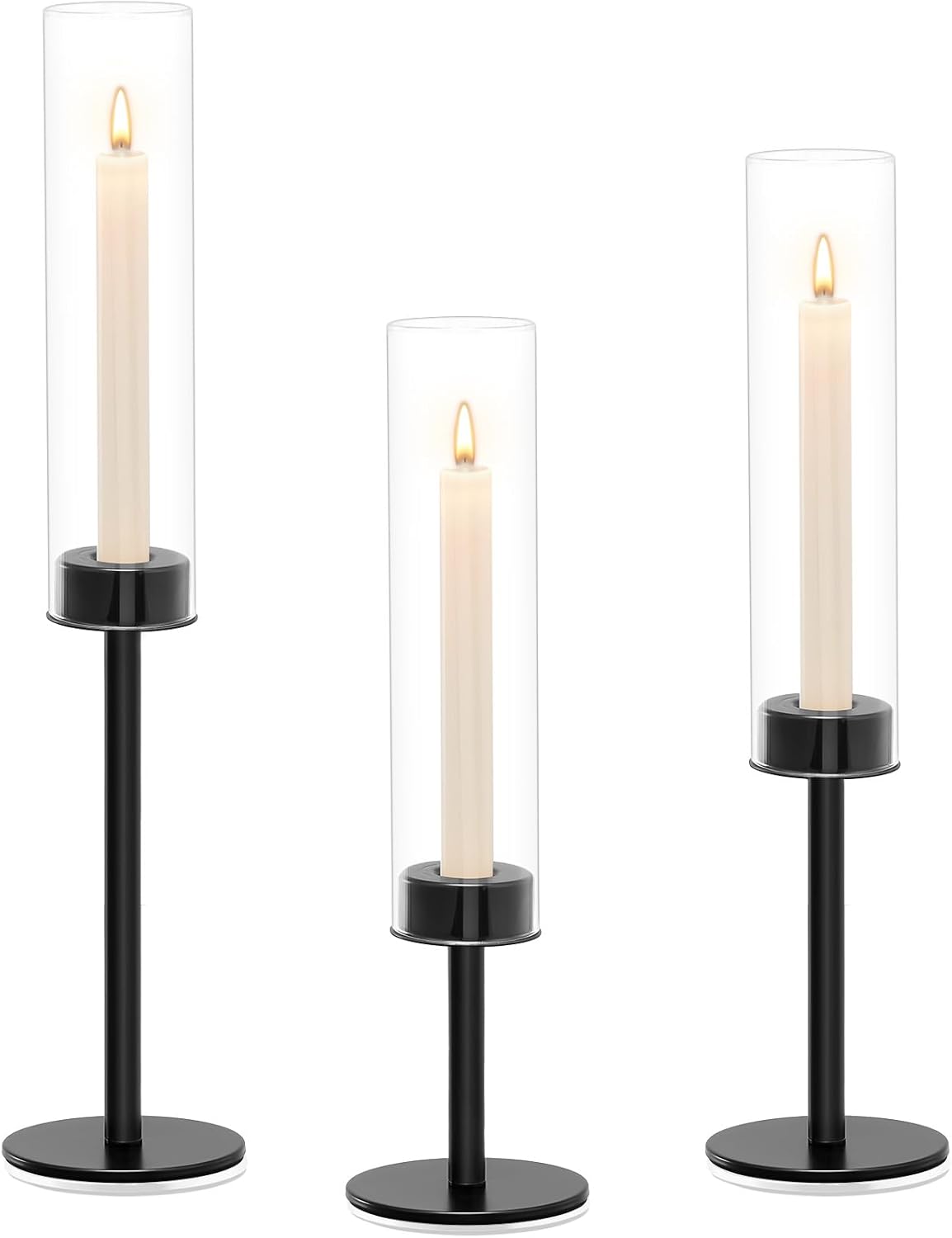 Black Hurricane Glass Candle Holders Set of 3 Tall Taper Candlestick Holder