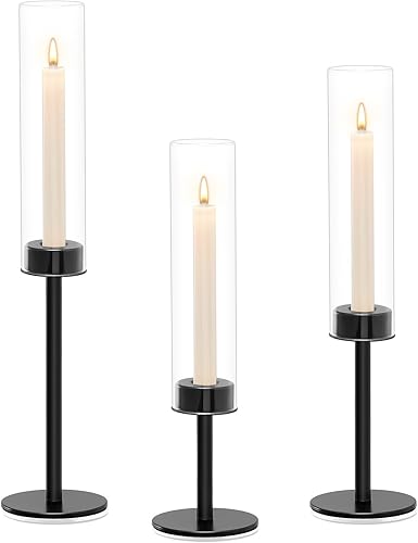 Miniatura 8 de Juego de 3 portavelas de huracán negro, de metal alto y resistente al viento, centros de mesa para exteriores e interiores para bodas, Navidad,