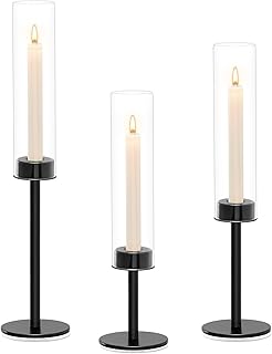 Black Hurricane Candle Holders Set of 3, Tall Metal & Windproof Glass Taper Candle Holders, Outdoor/Indoor Table Centerpieces for Weddings, Christmas, Parties, Fireplace Decor
