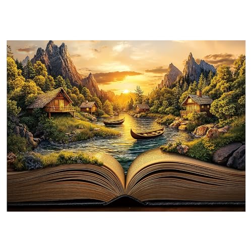 Fantasy Book Sunset Puzzle 1000 Pieces for Adults, Magic Forest Mountain Landscape Jigsaw Puzzles, Cabin Vintage Nature Scenery Puzzles