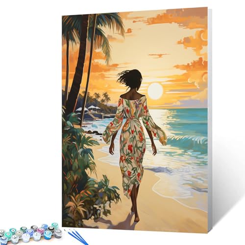 Hawaii Seascape Paintwork African Girl at Sunset Paint by Number Kits 16 x 20 inch Canvas Tropical Coconut Tree DIY Oil Painting for Kids Adults Beginner with Brushes and Acrylic Gift(Frameless)