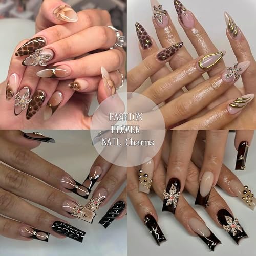 YOSOMMK 3D Brown Flower Nail Art Charms and Gems Adjustable Soft Acrylic Leopard Print Flower Nail Gems Gold Silver Butterfly Nails Charms with Pearls Rhinestones for Women Nails Design Decoration — view 6