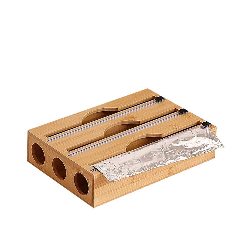 Dispensador de Envoltura de Bambú con Cortador Deslizante Soporte Organizador para Papel de Aluminio, Film Transparente (33 * 23.5 * 7.6cm, Tres Capas | Agujero Circular)