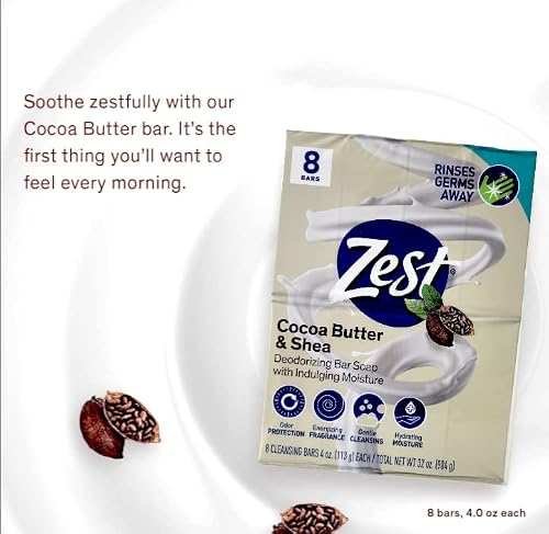Zest 8-Bar Bath Size Soap, Creamy Cocoa Butter & Shea, 4 Ounce #TOP4