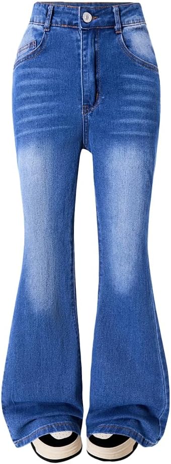 Nivne Tco Tween Girls Flared Jeans Zipper Fly Bell-Bottom Elastic Waist Denim Pants with Five Pockets