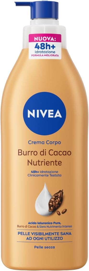 NIVEA Crema Corpo Burro di Cacao Nutriente 400 ml, Crema idratante corpo 48h+ arricchita con Acido Ialuronico Puro, Burro di Cacao e Siero Nutrimento Intenso, Body lotion per pelle secca o molto secca