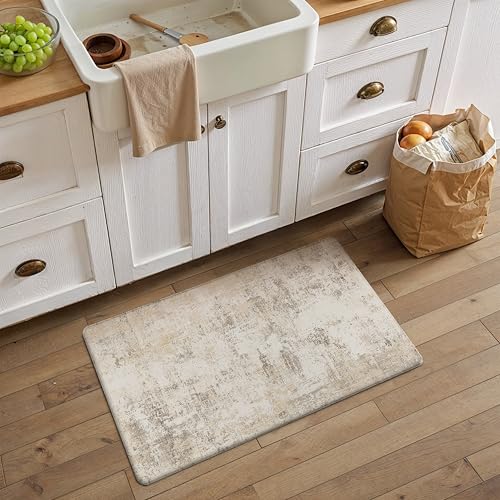 WondRg Kitchen Mats for Floor Anti Fatigue Waterproof Kitchen Rug Beige Grey Abstract Cushioned Non-Slip Kitchen Mats Comfort Standing Neutral Mat for Sink Laundry Office 17.3