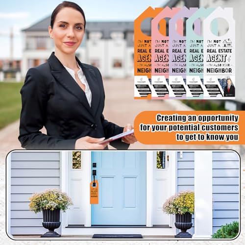 Fullhawl 100 Pcs Real Estate Door Hanger with Business Card Design 3.15 x 9.25 Inch I\'m Not Just a Real Estate Agent Colorful Marketing Business Card Signs for Agent Supplies(Morandi)