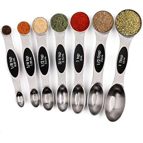 Magnetic Measuring Spoons Set of 7 Stainless Steel Metal Double Sided Teaspoon Tablespoon for Dry and Liquid Ingredients Cover