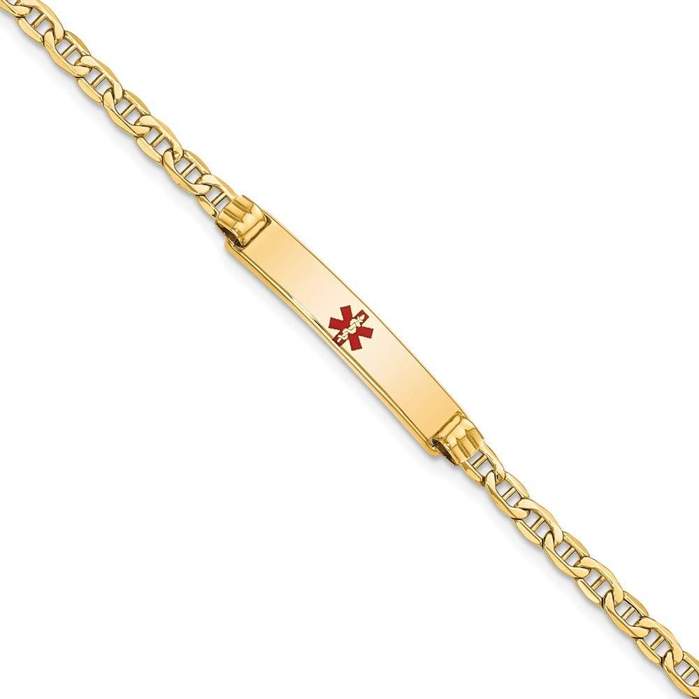 Engravable Personalized Custom 14K Yellow Gold Semi-solid Medical Polished Red Enamel Anchor ID Bracelet For Men or Women Length 8 inches Width 5.5 mm
