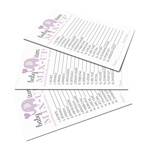 Purple Elephant Baby Shower Word Scramble Game Girl (25 Pack) Guests Unscramble Letters To Make Words – Baby Shower Prize Games Lilac - Jungle Princess Theme - Printed Card Set #TOP3