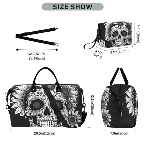 Large Travel Duffel Bag, Sunflowers Mexican Skull Sports Tote Gym Bag, Shoulder Weekender Overnight Bag for Women Men, Carry On Luggage with Toiletry Bags3