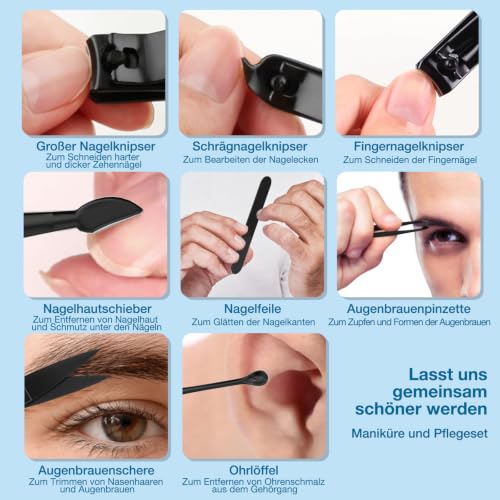 OFIDUS Precision 8 Teiliges Reiseset für Herren Nagelpflege, Maniküreset aus Edelstahl mit Fingernagel- und Fußnagelknipser, Nagelfeile, Pinzette mit schräger Spitze, Nagelhautschere