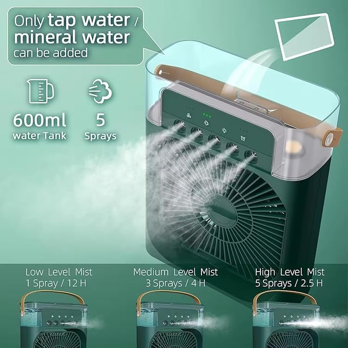 Image of VoiDrop Mini Cooler 3-in-1 Portable Air Cooler for Room Cooling, Home, Office | 7 LED Colors, 3 Wind Speeds, 3 Spray Modes, Timer (1 /2 /3H), USB Powered | Green