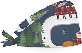 Mularoka Cartoon Christmas Town Working Caps with Button and Sweatband Bouffant Tie Back Hat Adjustable Bouffant Hats Suitable for Women and Men