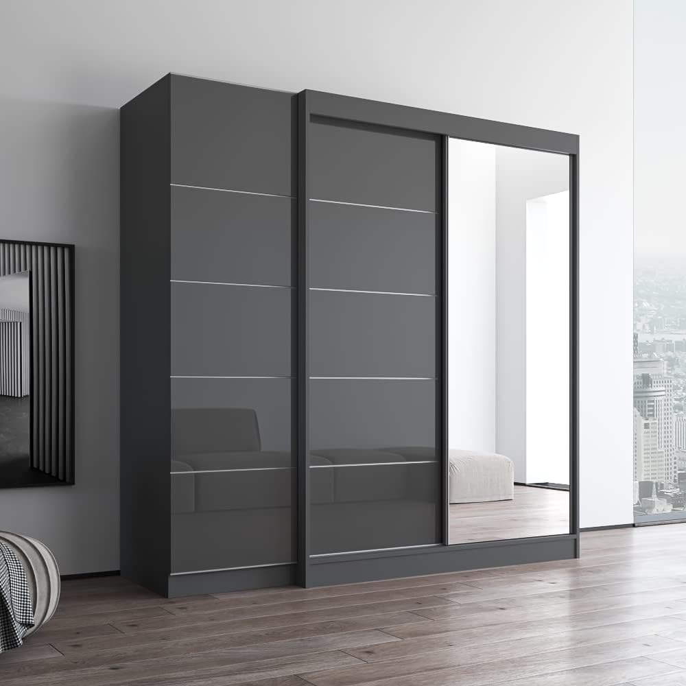 Meble Furniture Aria 2D-EX Wardrobe with Mirror — Spacious Storage with Shelves and Hanging Space — Modern Armoire, 78.9" H x 80.7" W x 25.6" D — Grey